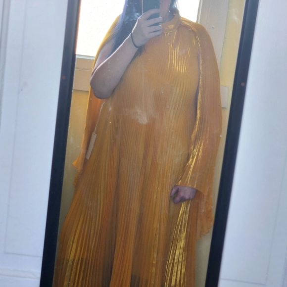 Gemy Maalouf Sz 14 Pleated Mustard Yellow Flowy Long Luxury Gown NEW WITH TAGS - Picture 6 of 12